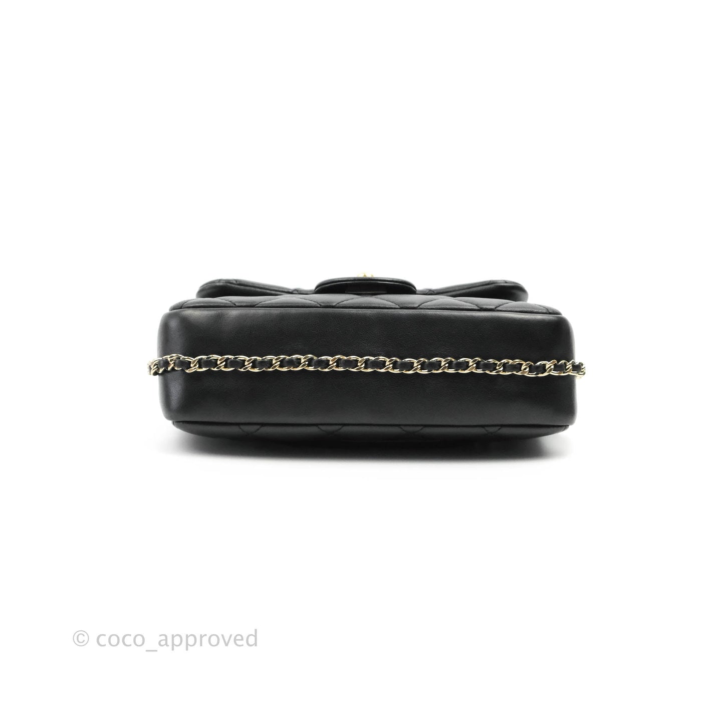 Chanel Logo Pearl Chain Flap Bag Black Lambskin Gold Hardware