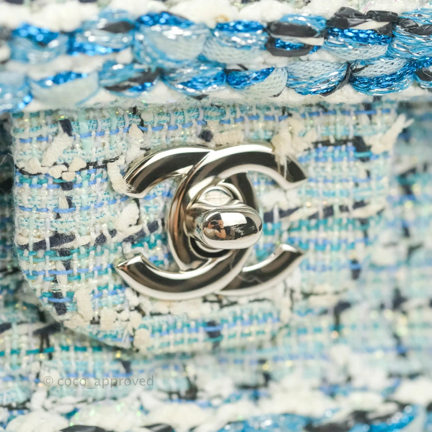 Chanel Medium Classic Double Flap Bag Blue Tweed Silver Hardware 19C