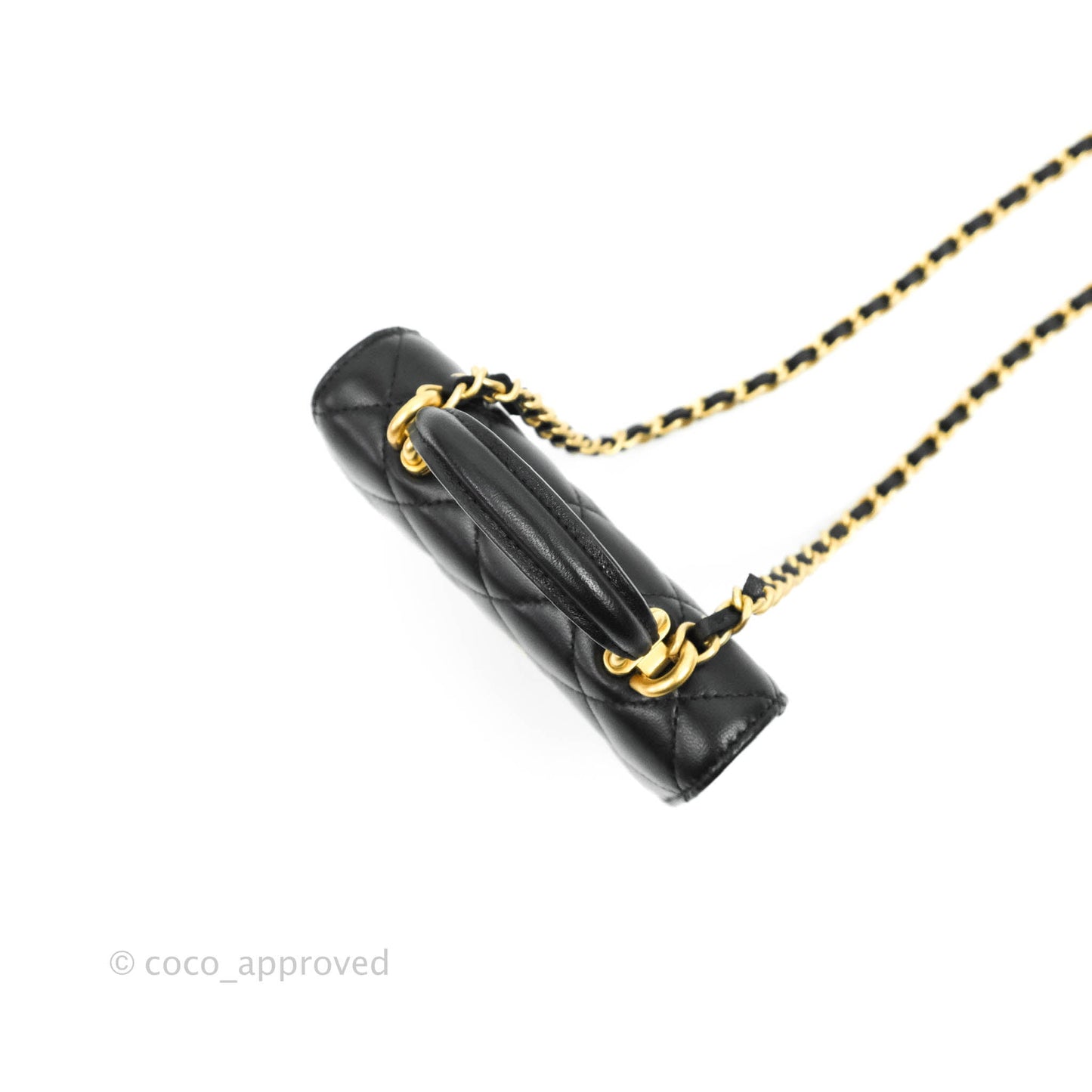 Chanel Mini Handle Flap Coin Purse With Chain Black Lambskin Gold Hardware