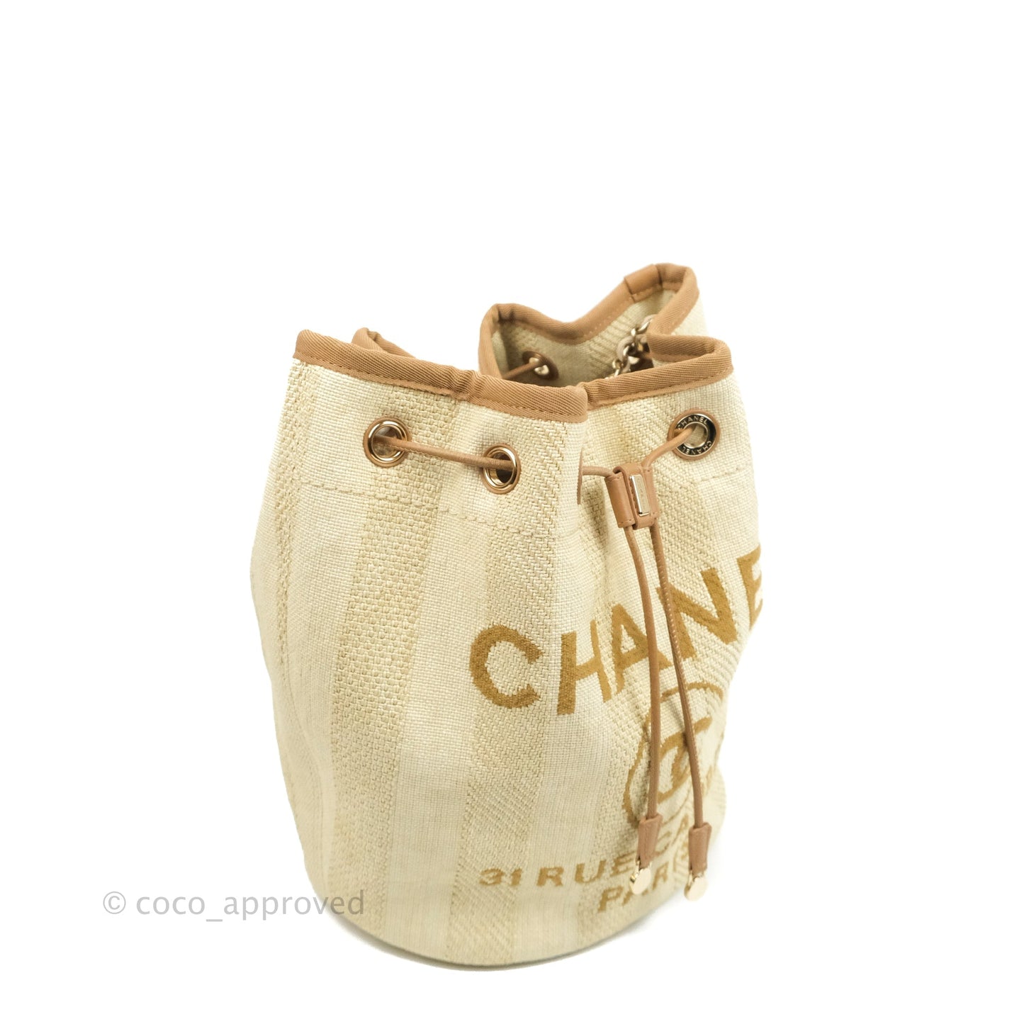 Chanel Raffia Canvas Deauville Drawstring Bucket Bag Brown Gold Hardware
