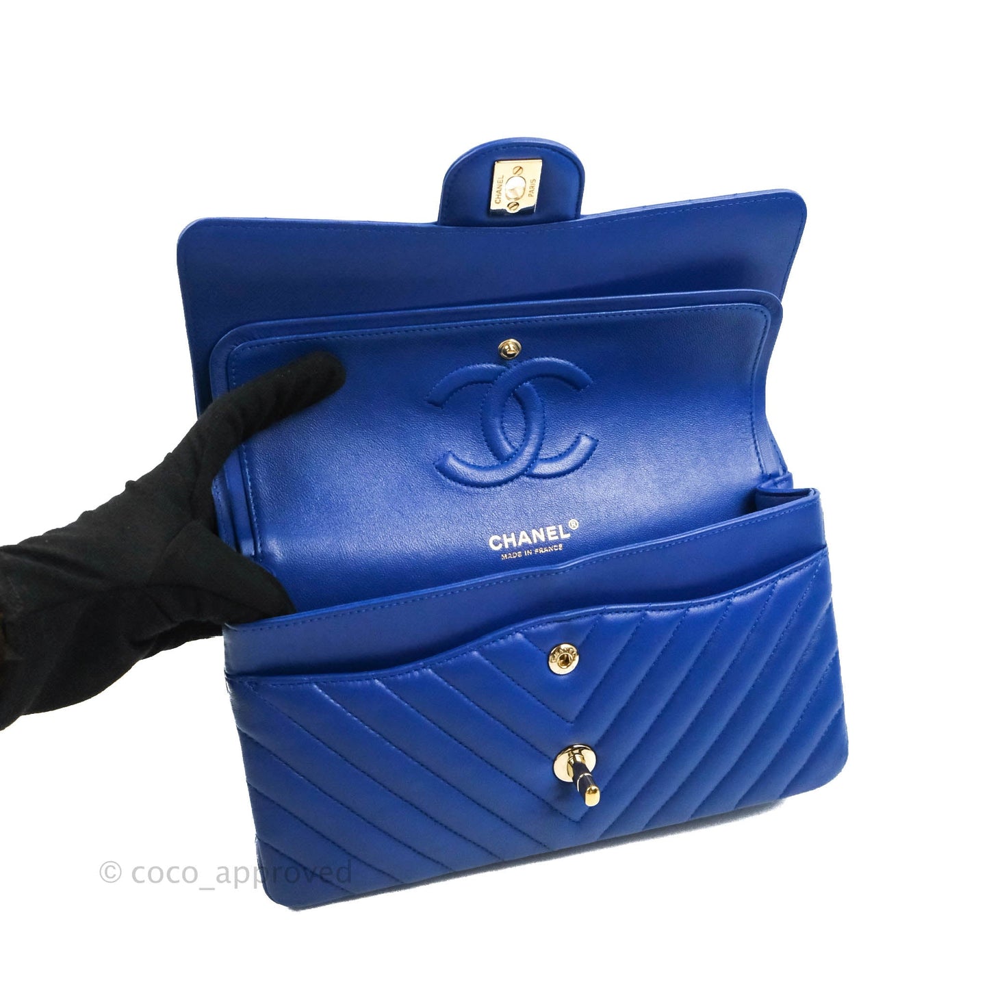 Chanel Classic M/L Medium Chevron Double Flap Blue Lambskin Gold Hardware