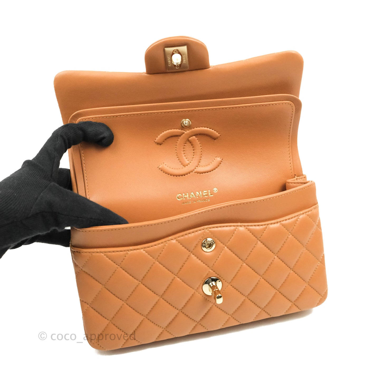 Chanel Small Classic Quilted Flap Dark Beige Caramel Lambskin Gold Hardware