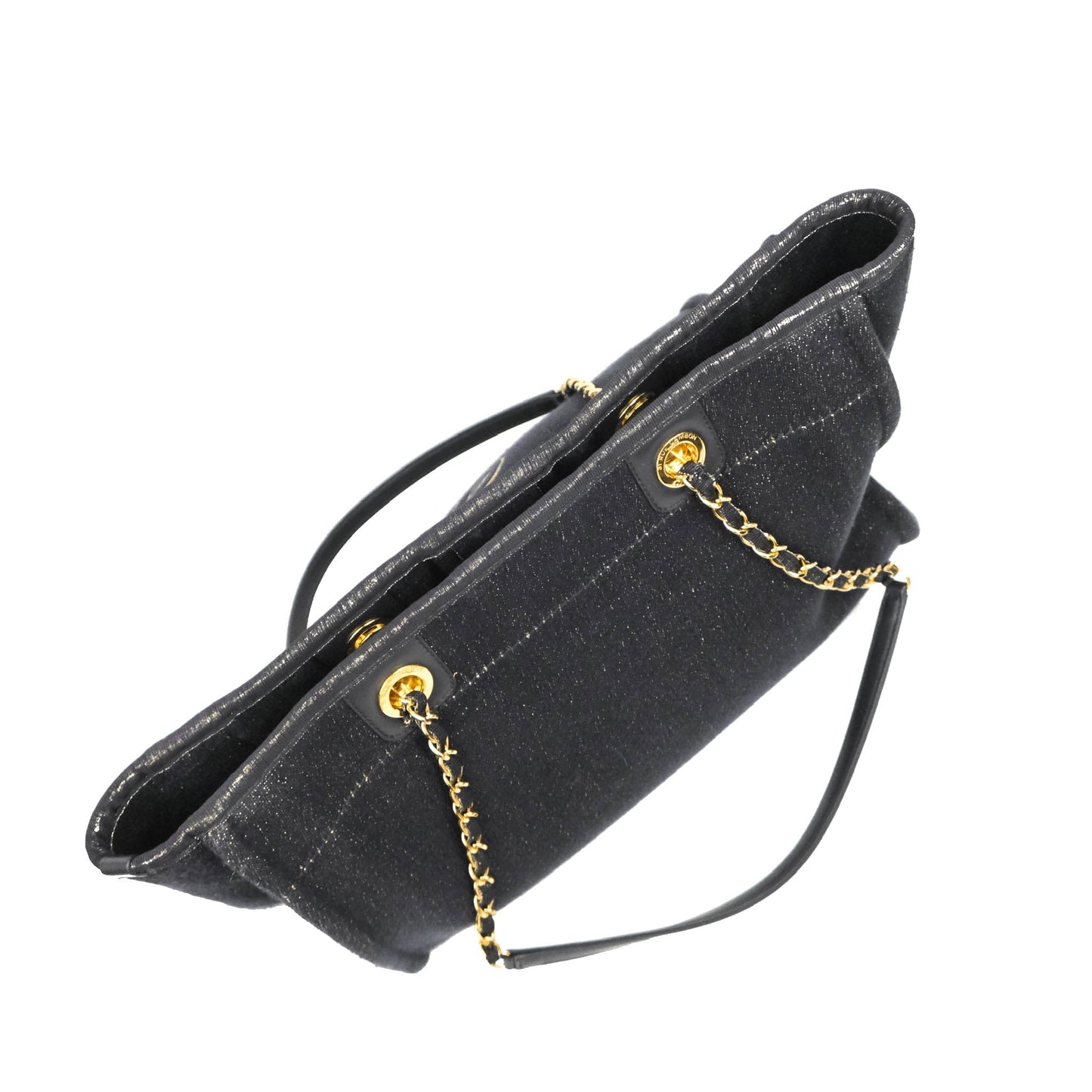 Chanel Medium Deauville Tote Navy Glitter Canvas Gold Hardware
