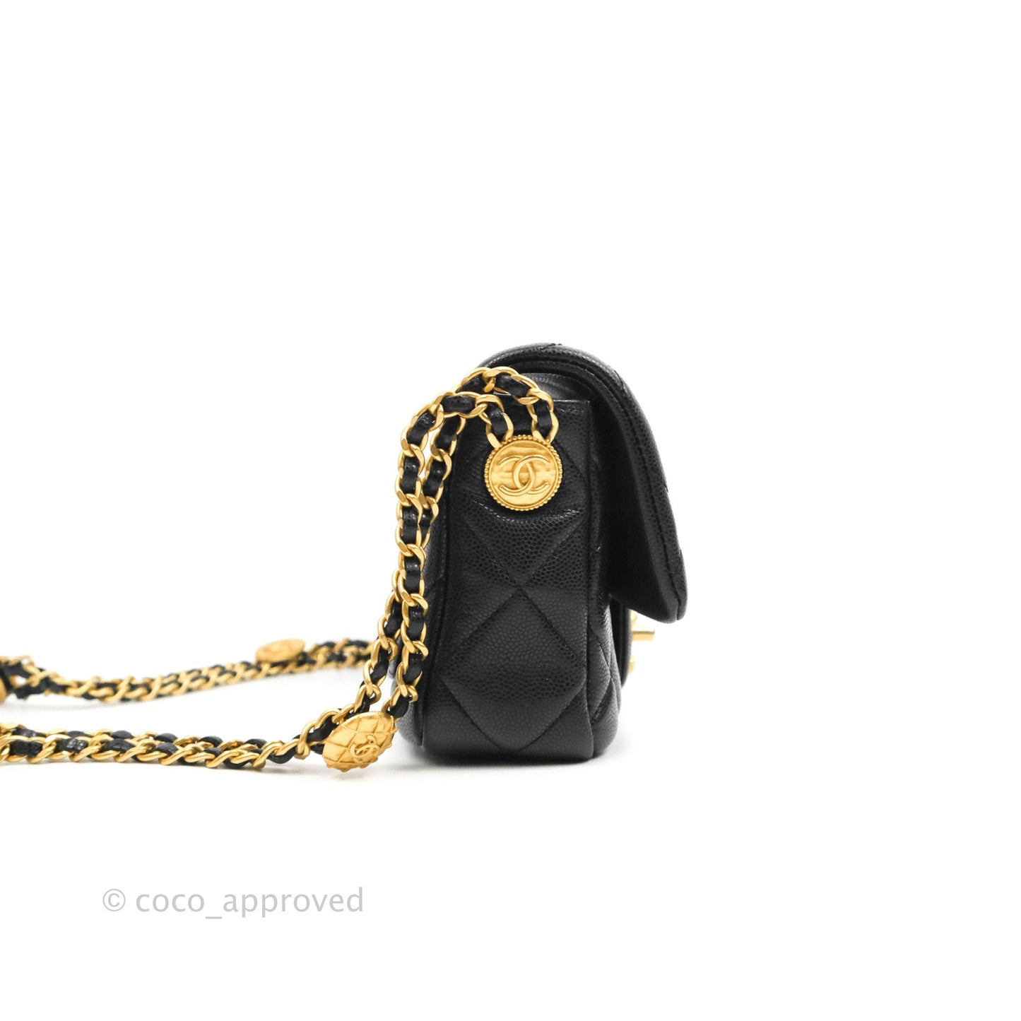 Chanel Mini Flap with Coin Charm Black Caviar Aged Gold Hardware 22A