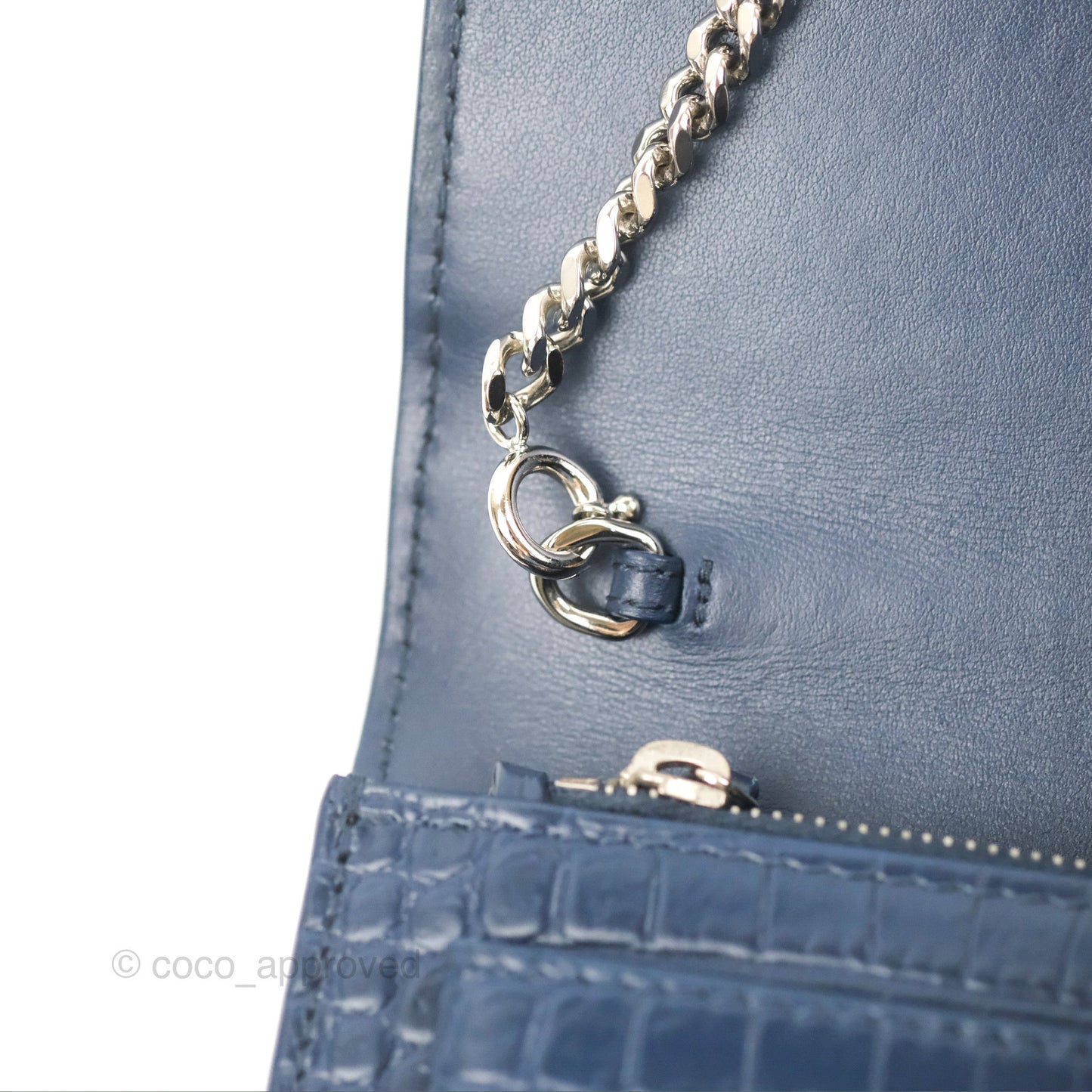 Saint Laurent Sunset Chain Wallet Navy Croc-embossed Shiny Calfskin Silver Hardware