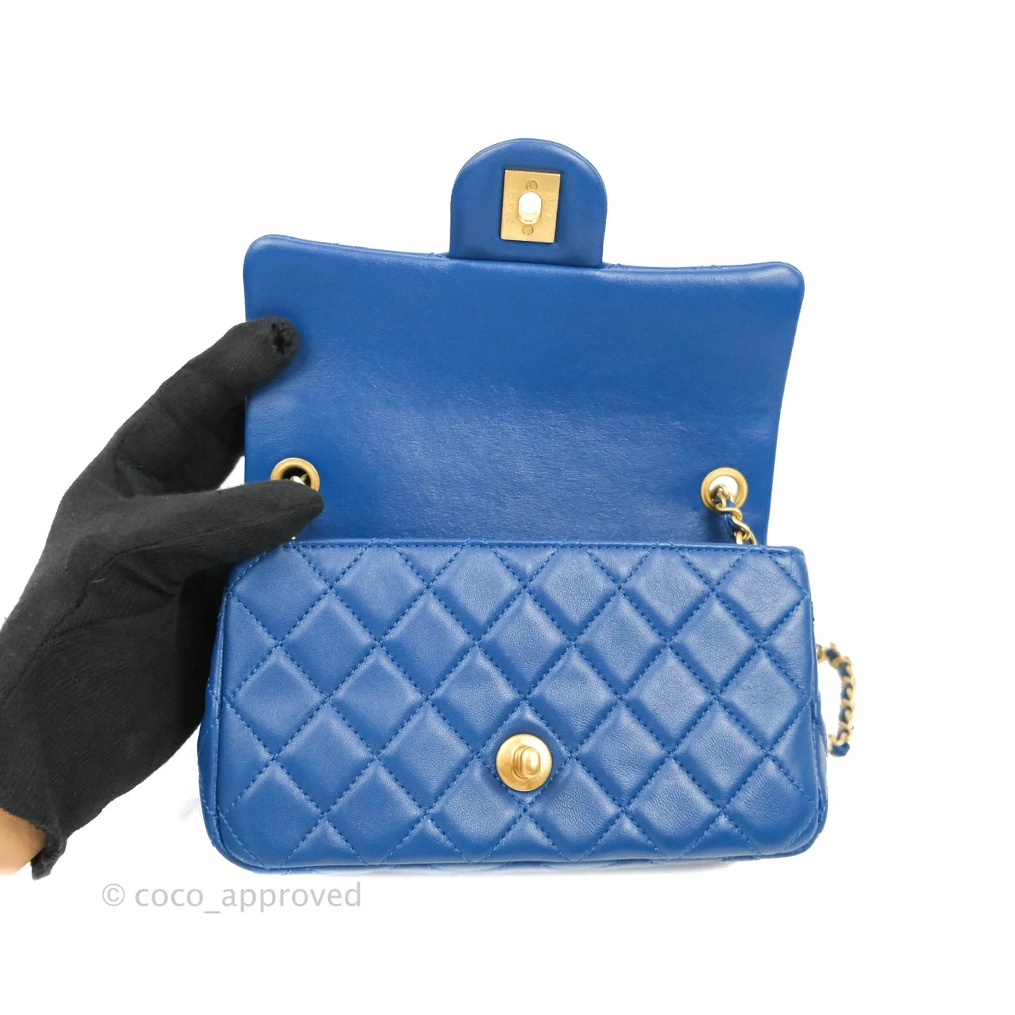Chanel Quilted Mini Rectangular Pearl Crush Blue Lambskin Aged Gold Hardware