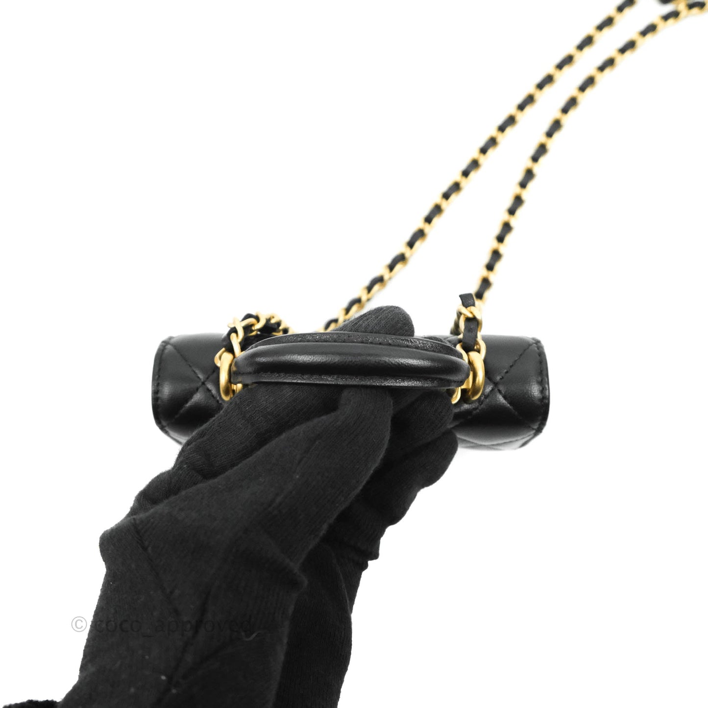 Chanel Mini Handle Flap Coin Purse With Chain Black Lambskin Gold Hardware