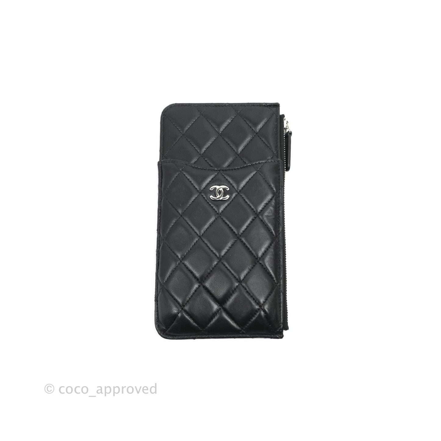 Chanel Black Lambskin Phone Holder Long Zip Wallet