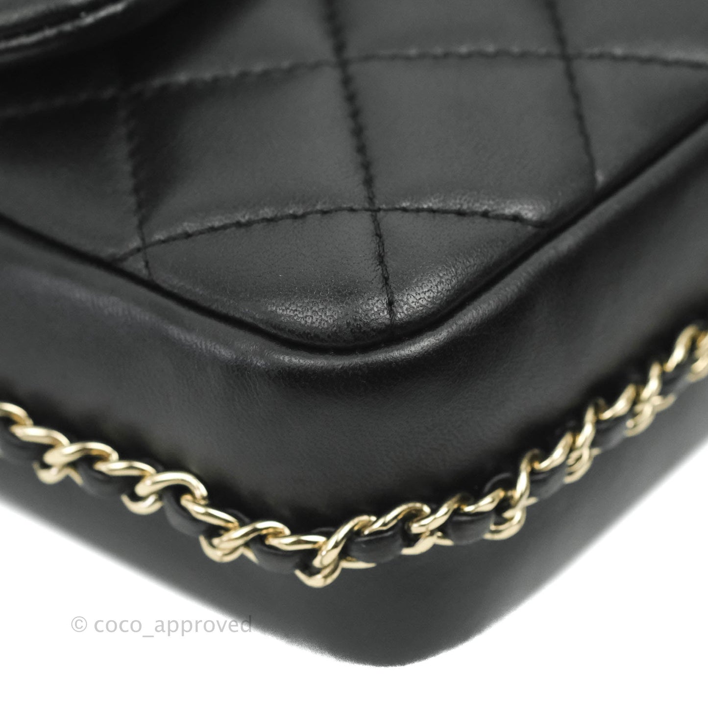 Chanel Logo Pearl Chain Flap Bag Black Lambskin Gold Hardware