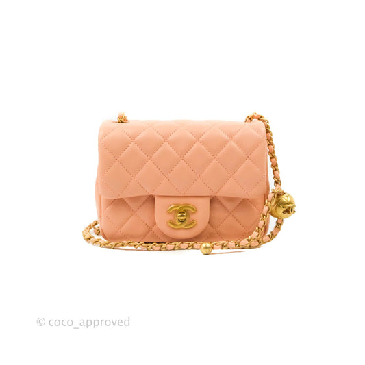 Chanel Pearl Crush Mini Square Quilted Peach Beige Lambskin Aged Gold Hardware