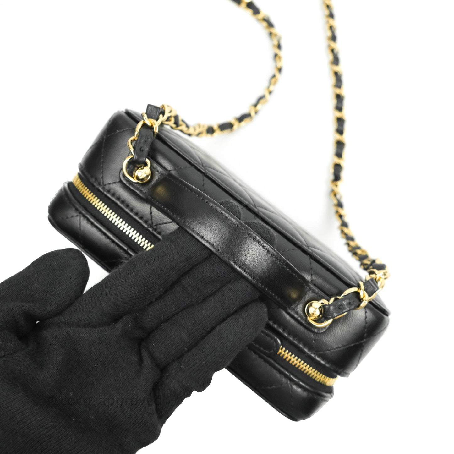 Chanel Quilted Golden Plate Vanity Case Black Lambskin Gold Hardware