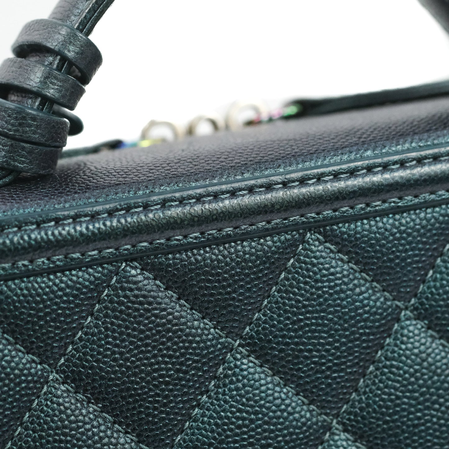 Chanel Quilted Medium CC Filigree Vanity Case Iridescent Dark Turquoise Caviar Rainbow Hardware