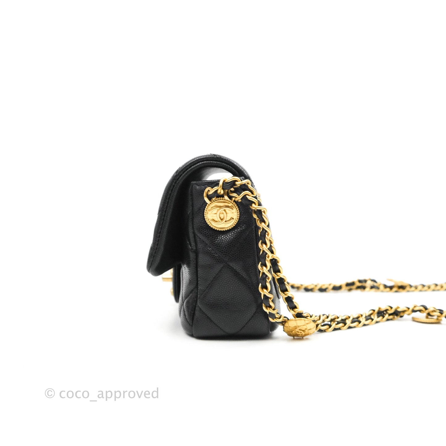 Chanel Mini Flap with Coin Charm Black Caviar Aged Gold Hardware 22A