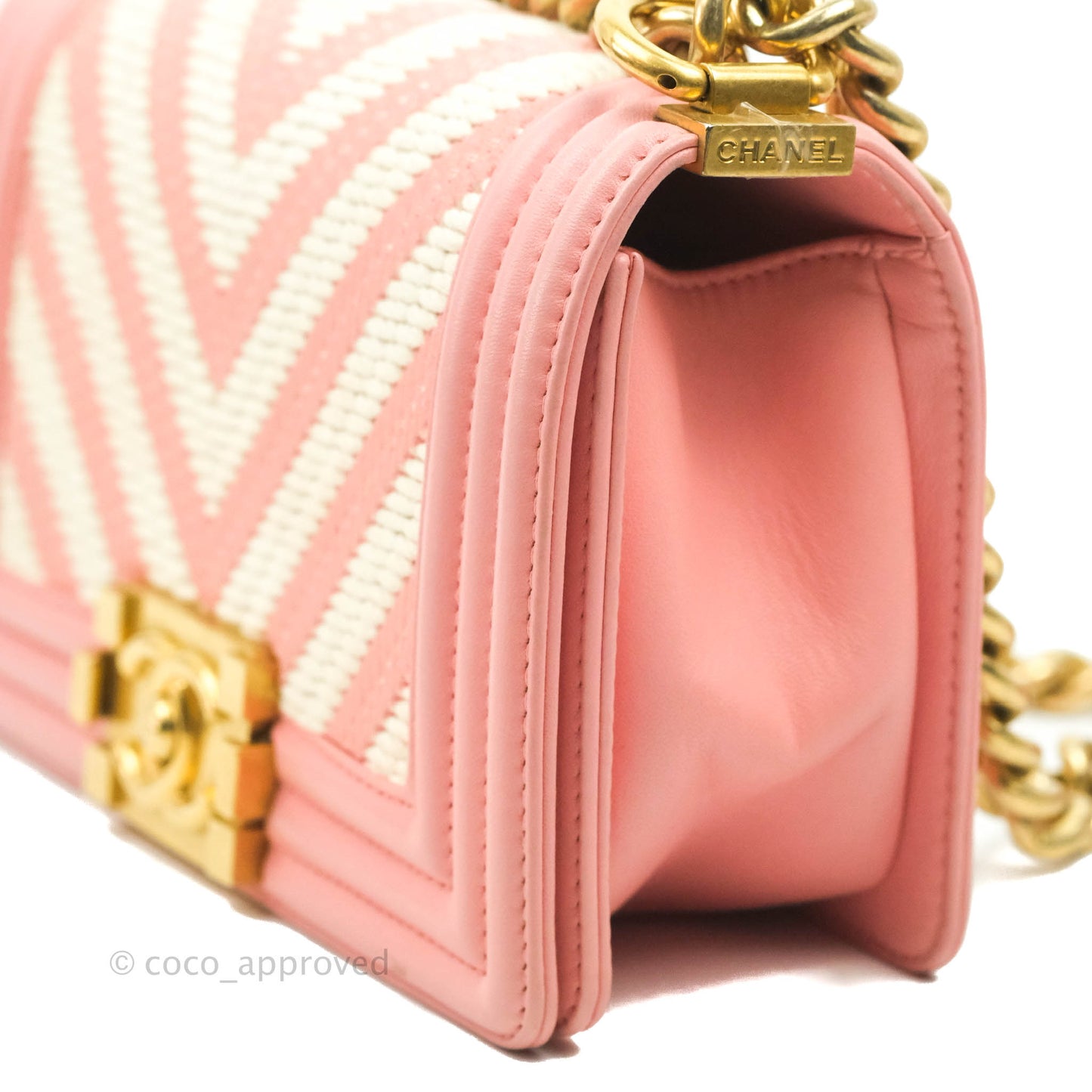 Chanel Chevron Small Boy Fabric Pink & White Aged Gold Hardware