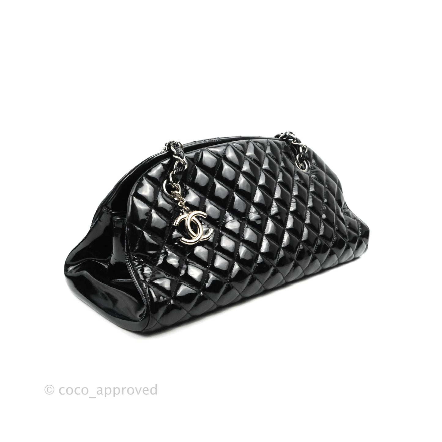 Chanel Mademoiselle Medium Bowling Black Patent Leather Silver Hardware