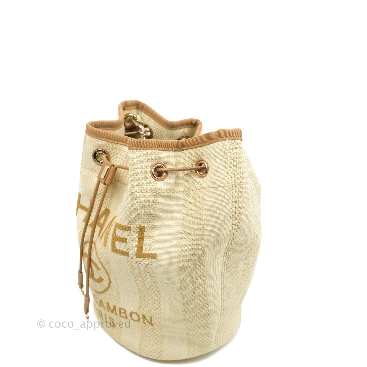 Chanel Raffia Canvas Deauville Drawstring Bucket Bag Brown Gold Hardware