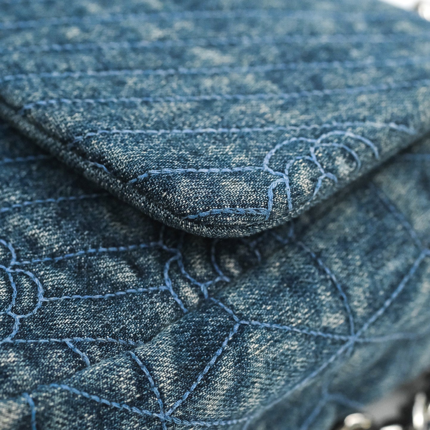 Chanel Camellia Embroidered Flap Bag Blue Washed Denim Silver Hardware