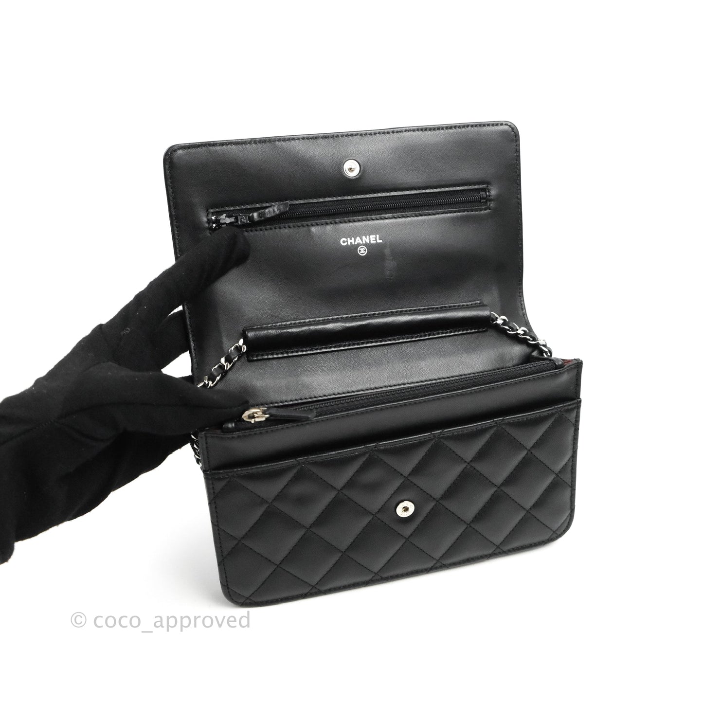 Chanel Quilted Wallet on Chain WOC Black Lambskin Silver Hardware