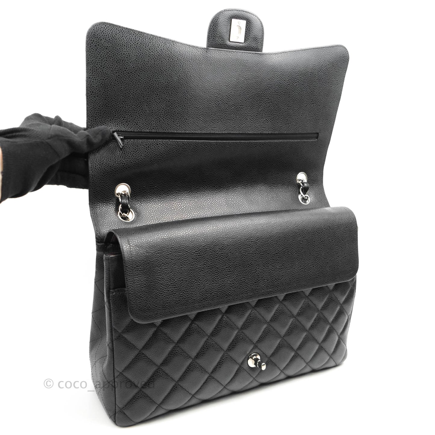 Chanel Quilted Maxi Double Flap Black Caviar Silver Hardware