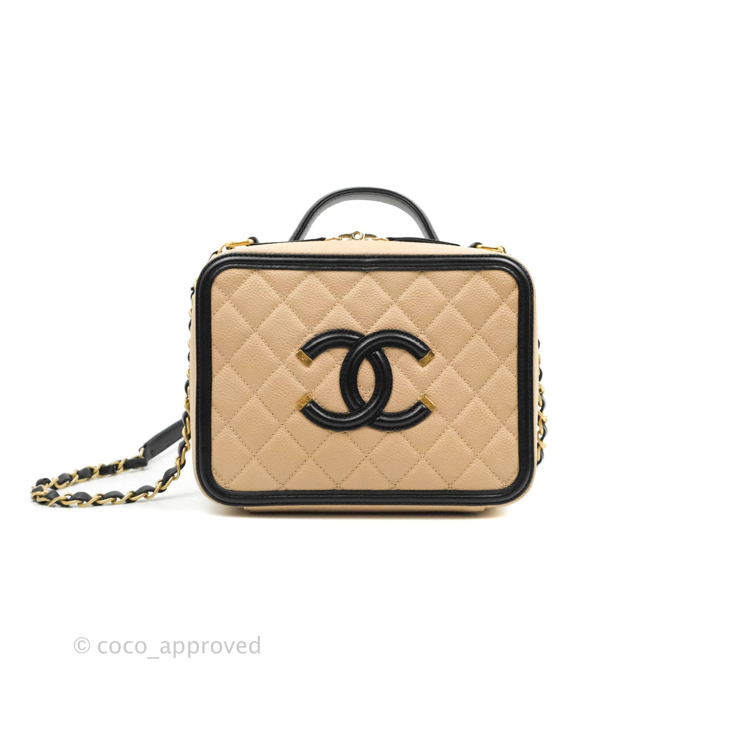 Chanel Quilted Medium CC Filigree Vanity Case Beige Caviar Gold Hardware