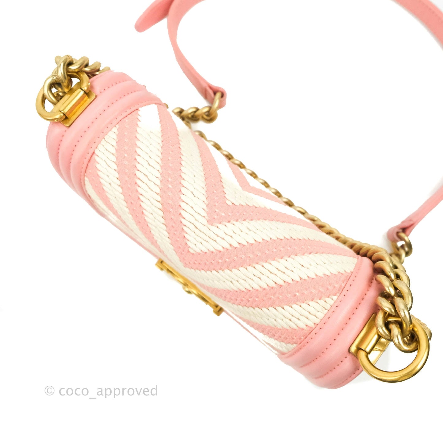 Chanel Chevron Small Boy Fabric Pink & White Aged Gold Hardware