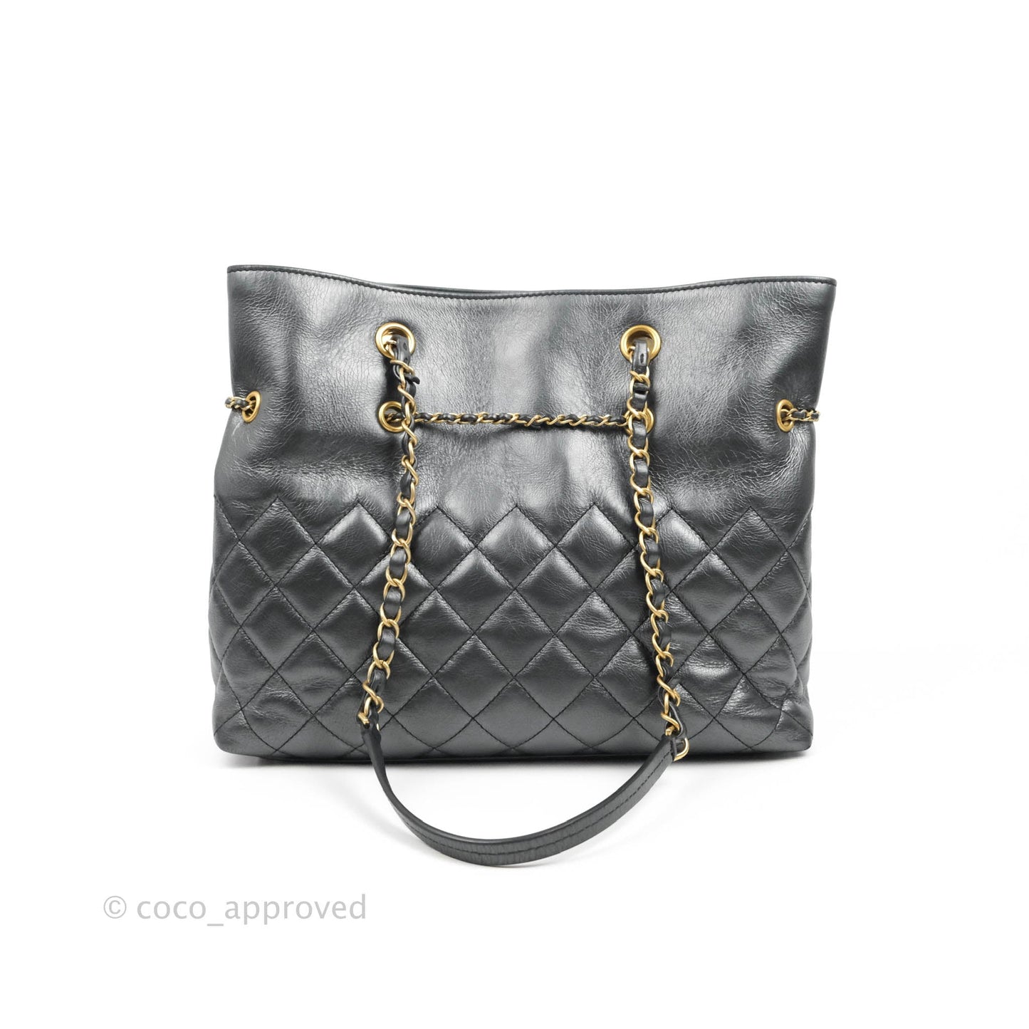 Chanel Quilted Drawstring Shopping Tote Bag Metallic Dark Grey Aged Calfskin Aged Gold Hardware