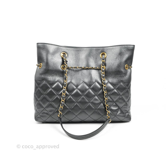 Chanel Quilted Drawstring Shopping Tote Bag Metallic Dark Grey Aged Calfskin Aged Gold Hardware