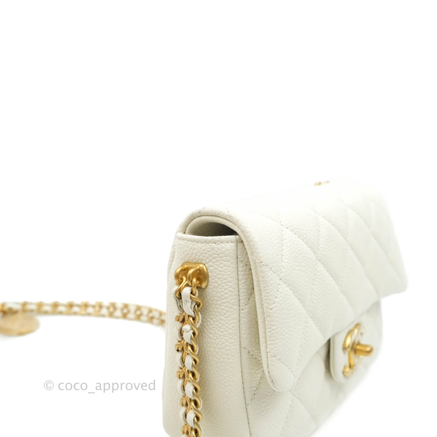 Chanel Mini Flap Bag Coin Charm Soul Chain White Caviar Aged Gold Hardware 21A