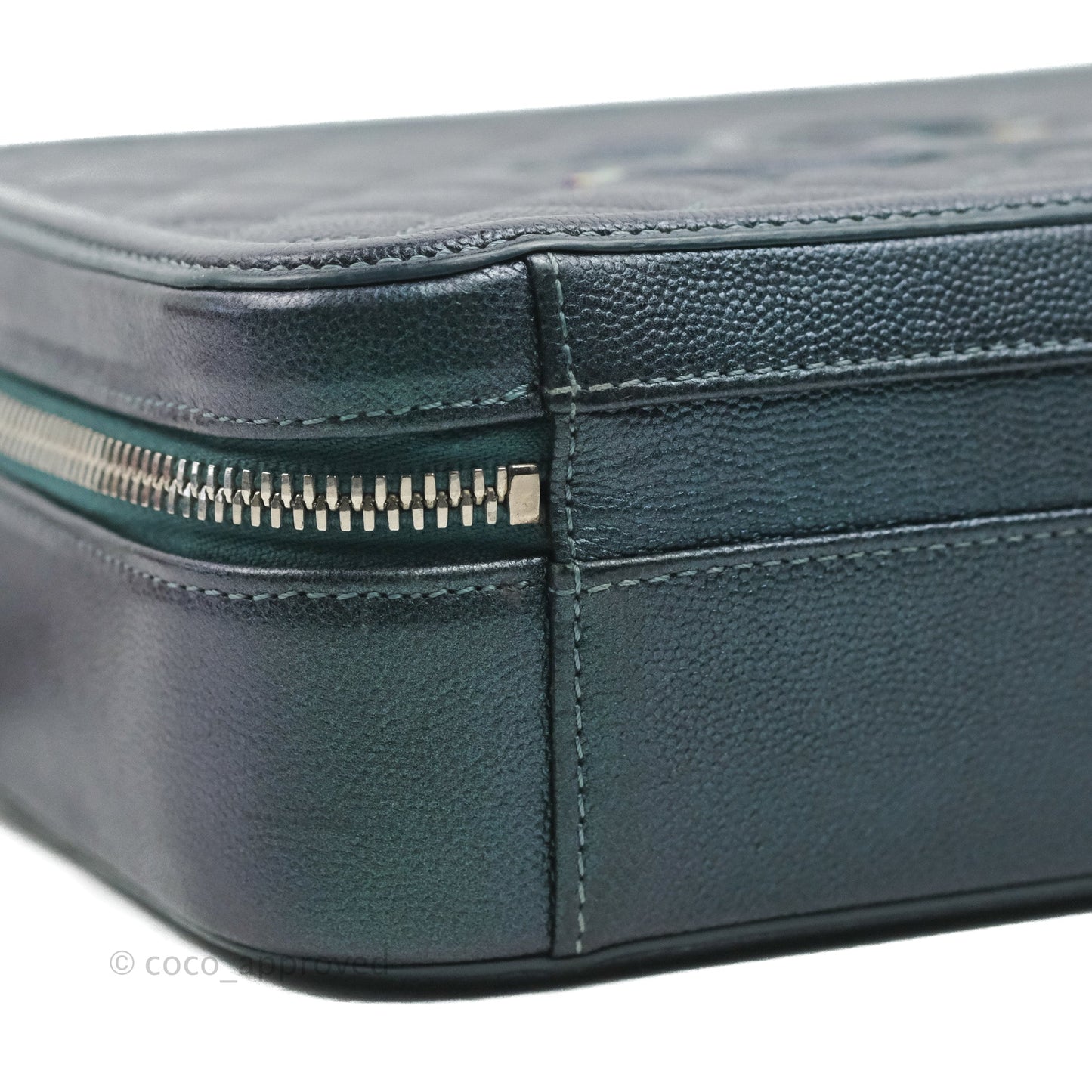Chanel Quilted Medium CC Filigree Vanity Case Iridescent Dark Turquoise Caviar Rainbow Hardware