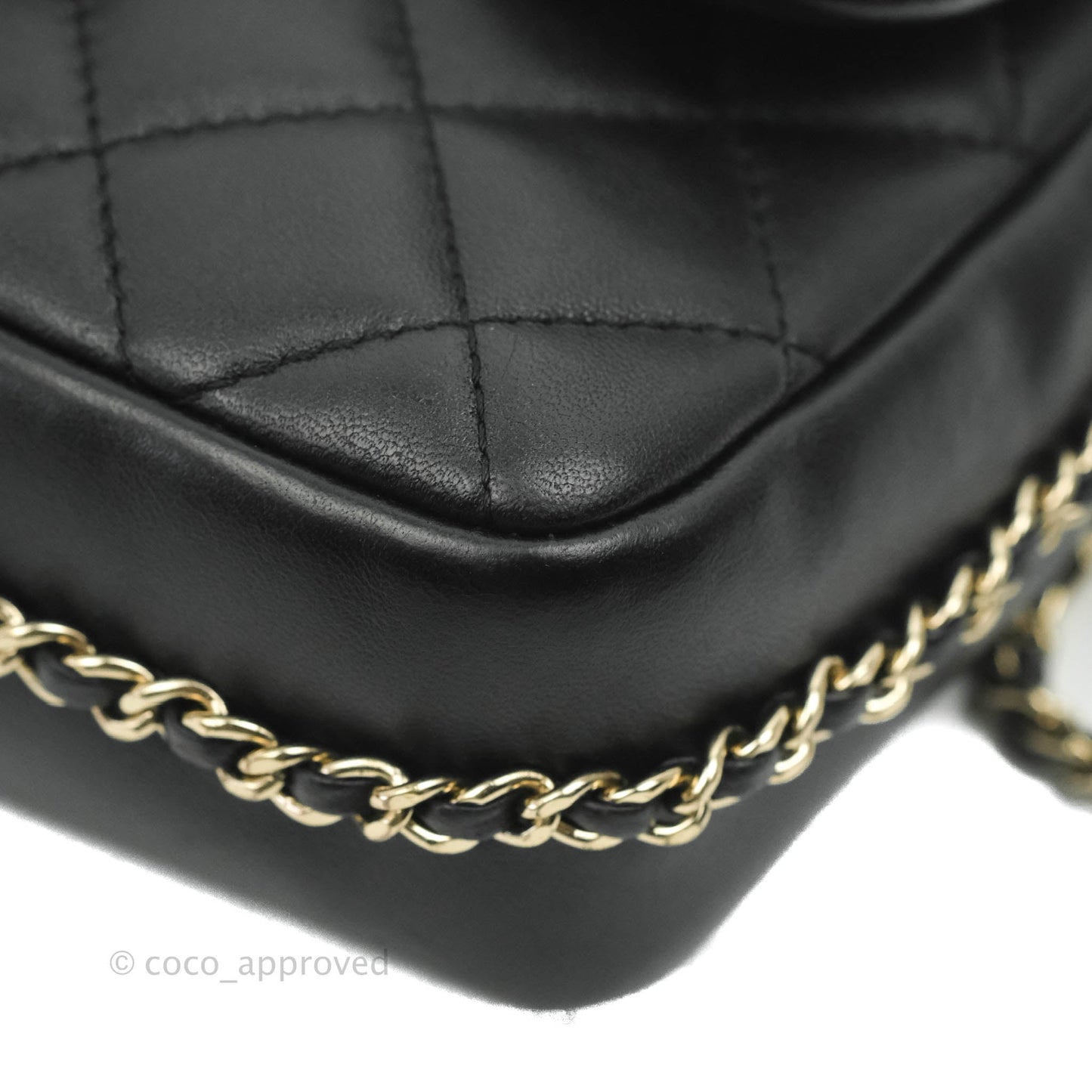 Chanel Logo Pearl Chain Flap Bag Black Lambskin Gold Hardware