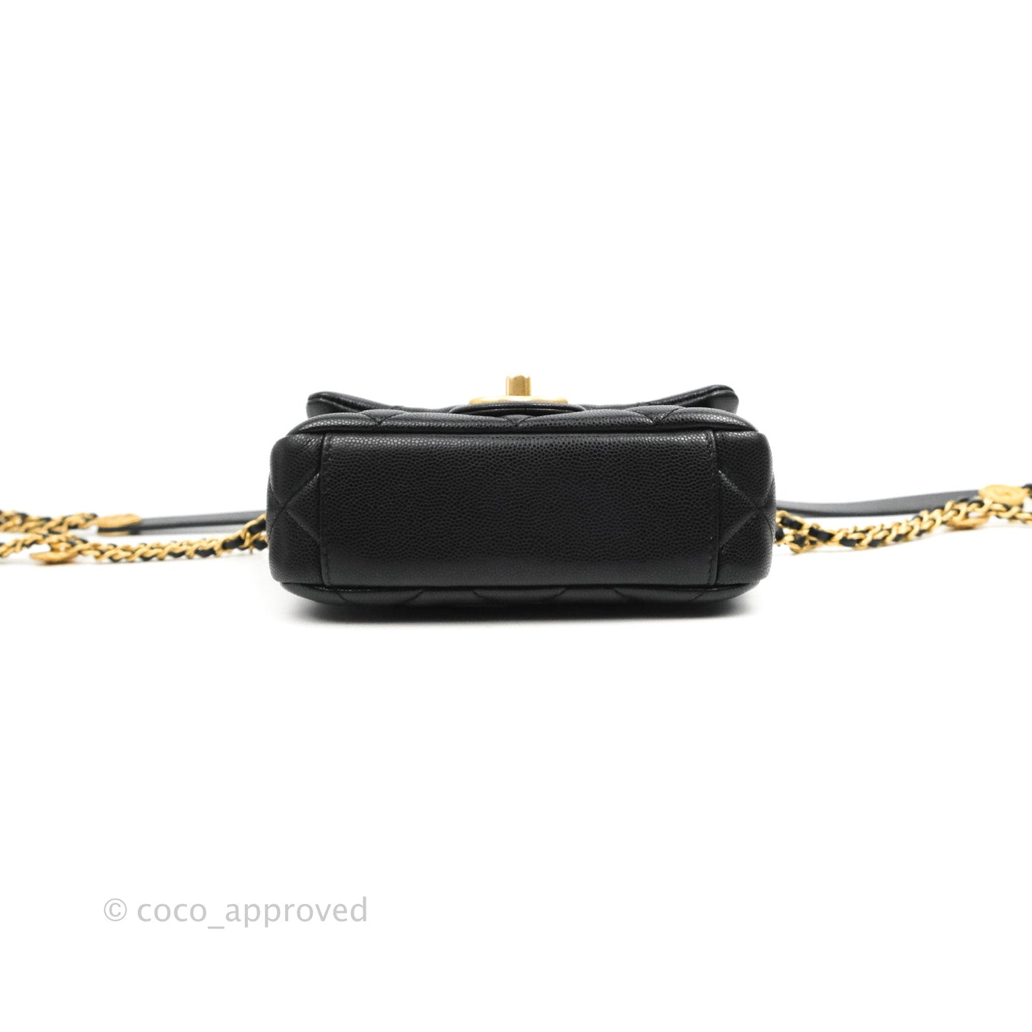 Chanel Mini Flap with Coin Charm Black Caviar Aged Gold Hardware 22A