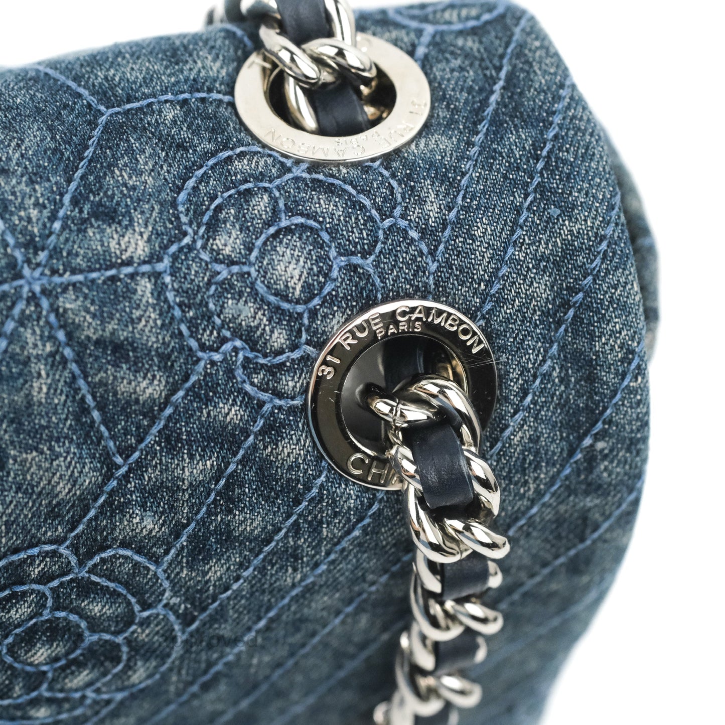 Chanel Camellia Embroidered Flap Bag Blue Washed Denim Silver Hardware