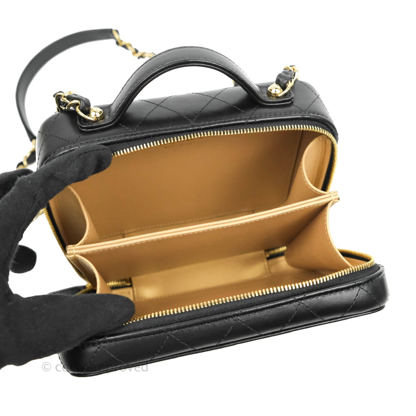 Chanel Quilted Golden Plate Vanity Case Black Lambskin Gold Hardware