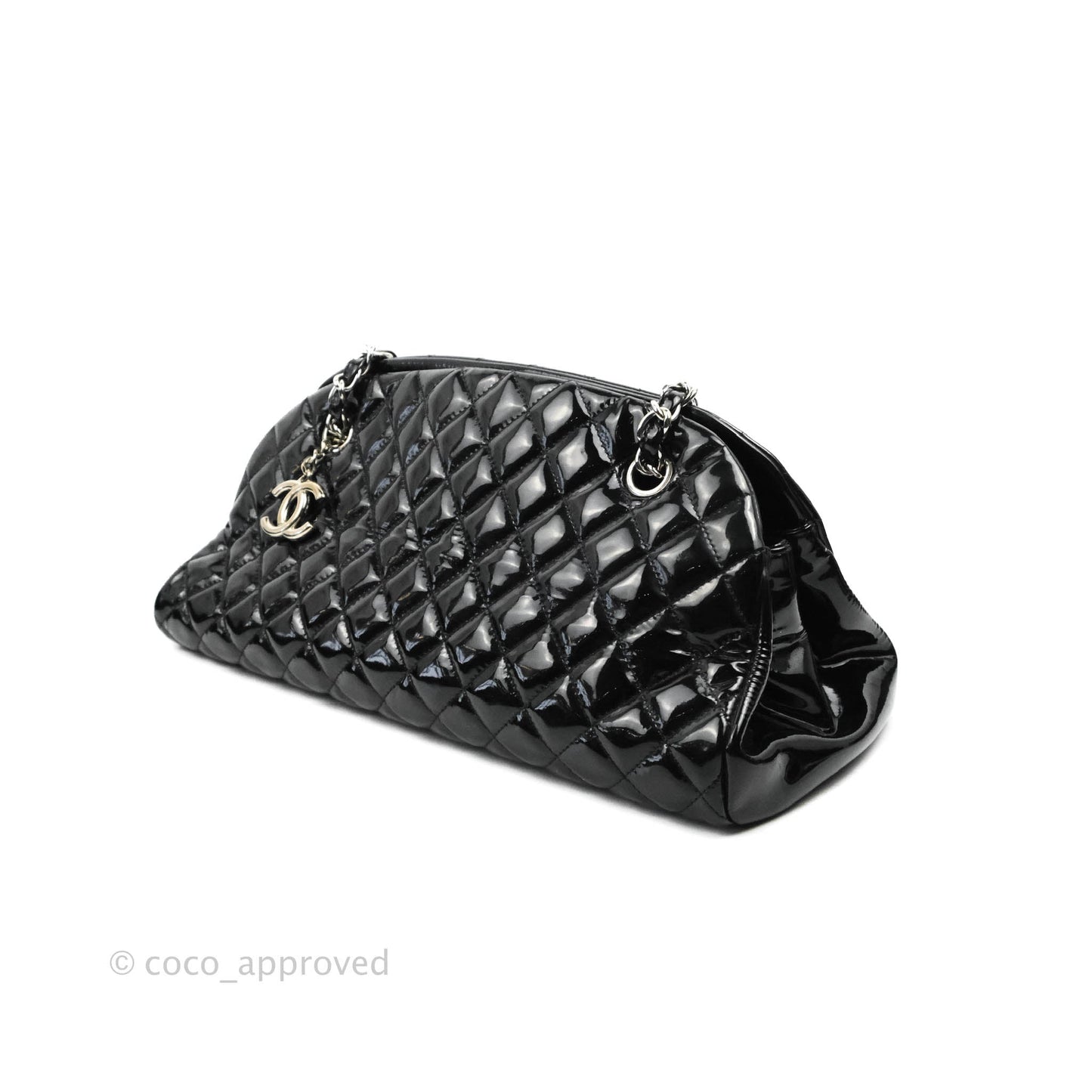Chanel Mademoiselle Medium Bowling Black Patent Leather Silver Hardware