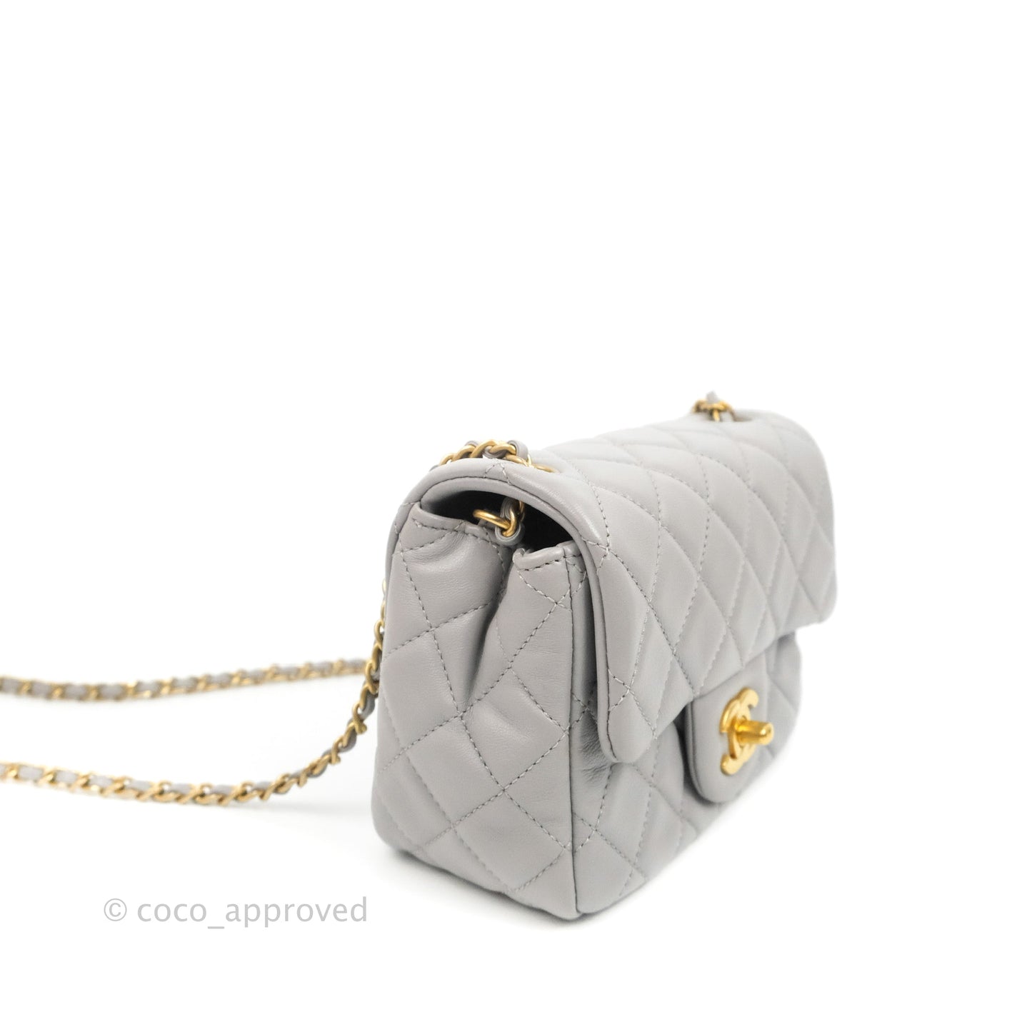 Chanel Mini Square Pearl Crush Quilted Grey Lambskin Aged Gold Hardware