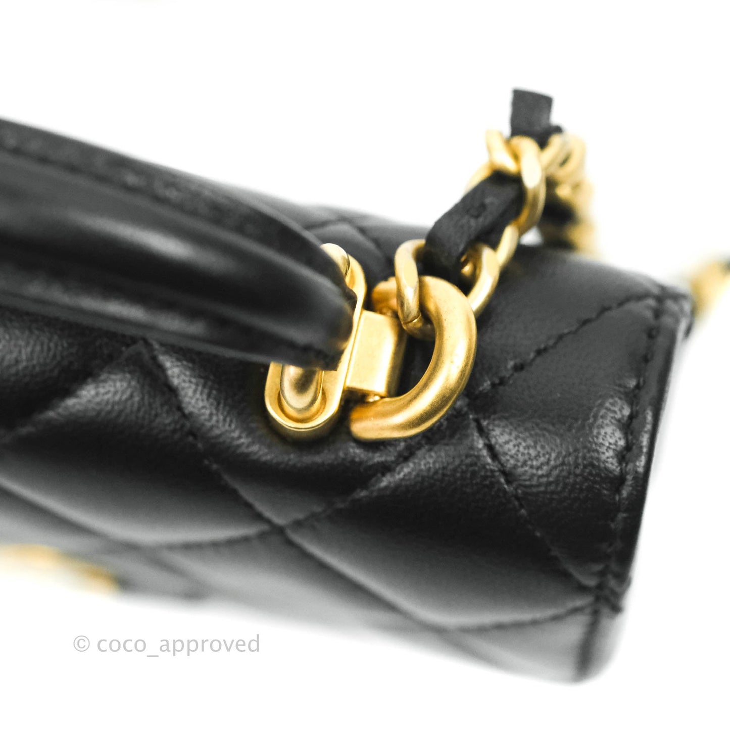 Chanel Mini Handle Flap Coin Purse With Chain Black Lambskin Gold Hardware