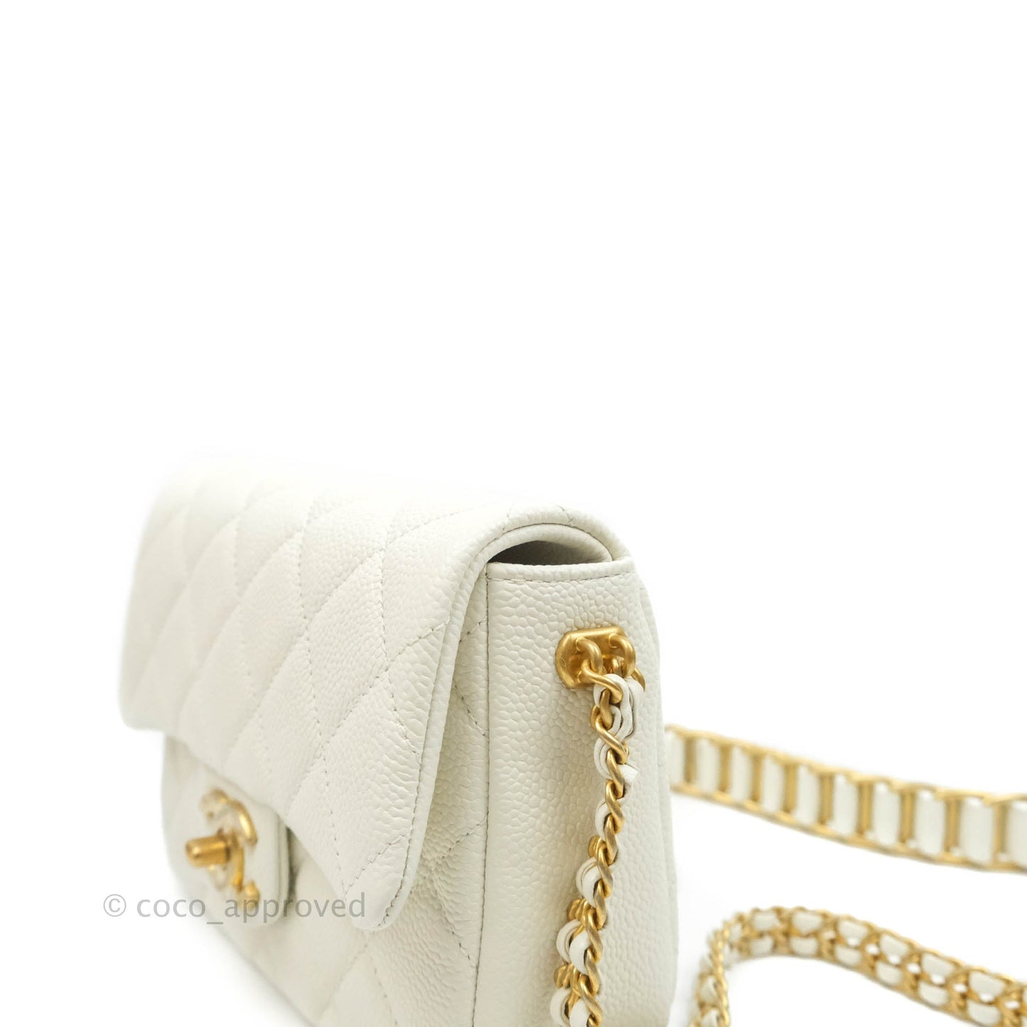 Chanel Mini Flap Bag Coin Charm Soul Chain White Caviar Aged Gold Hardware 21A