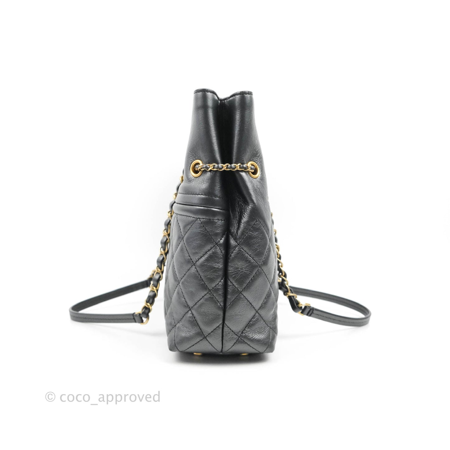Chanel Quilted Drawstring Shopping Tote Bag Metallic Dark Grey Aged Calfskin Aged Gold Hardware