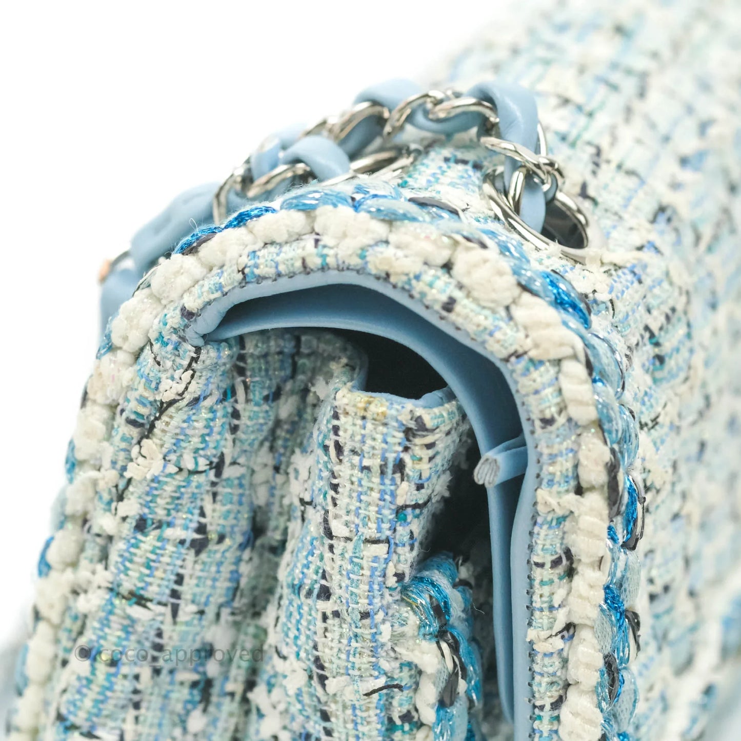 Chanel Medium Classic Double Flap Bag Blue Tweed Silver Hardware 19C