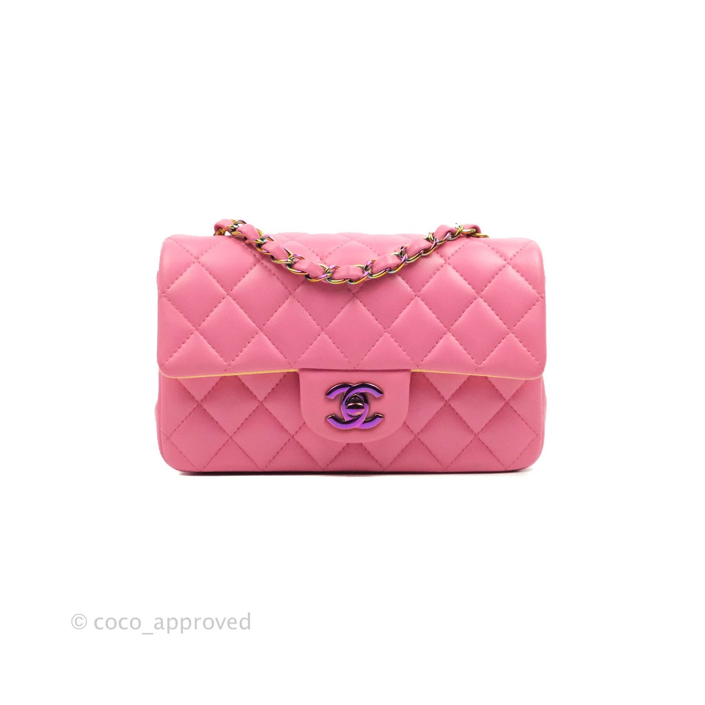 Chanel Mini Rectangular Pink Lambskin Rainbow Hardware