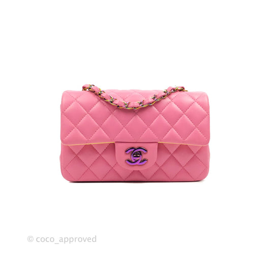 Chanel Mini Rectangular Pink Lambskin Rainbow Hardware