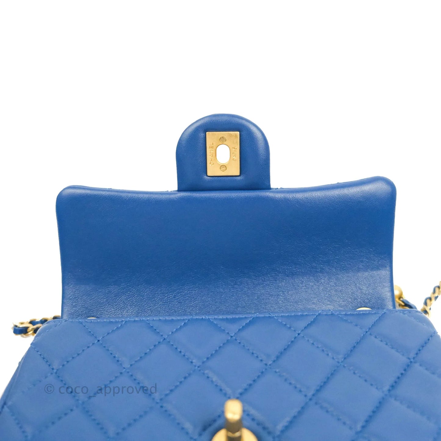 Chanel Quilted Mini Rectangular Pearl Crush Blue Lambskin Aged Gold Hardware