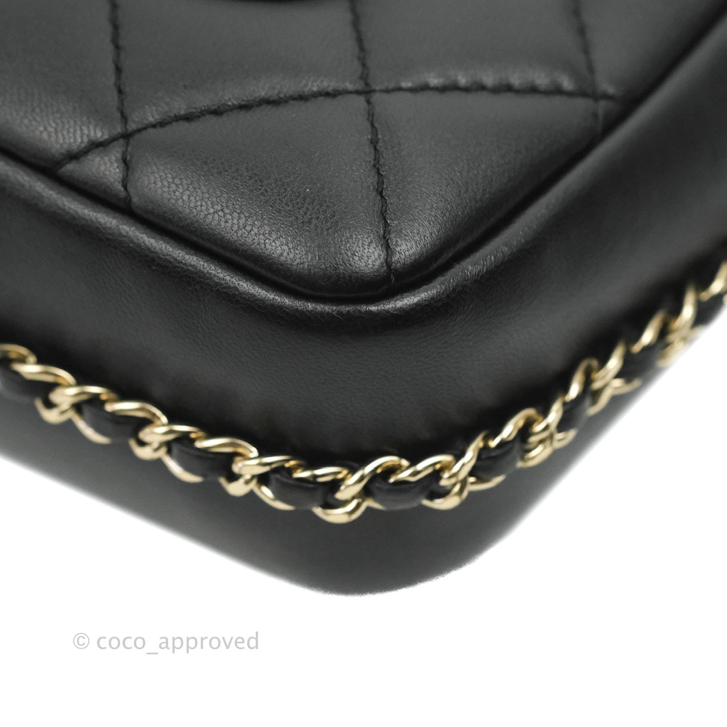 Chanel Logo Pearl Chain Flap Bag Black Lambskin Gold Hardware