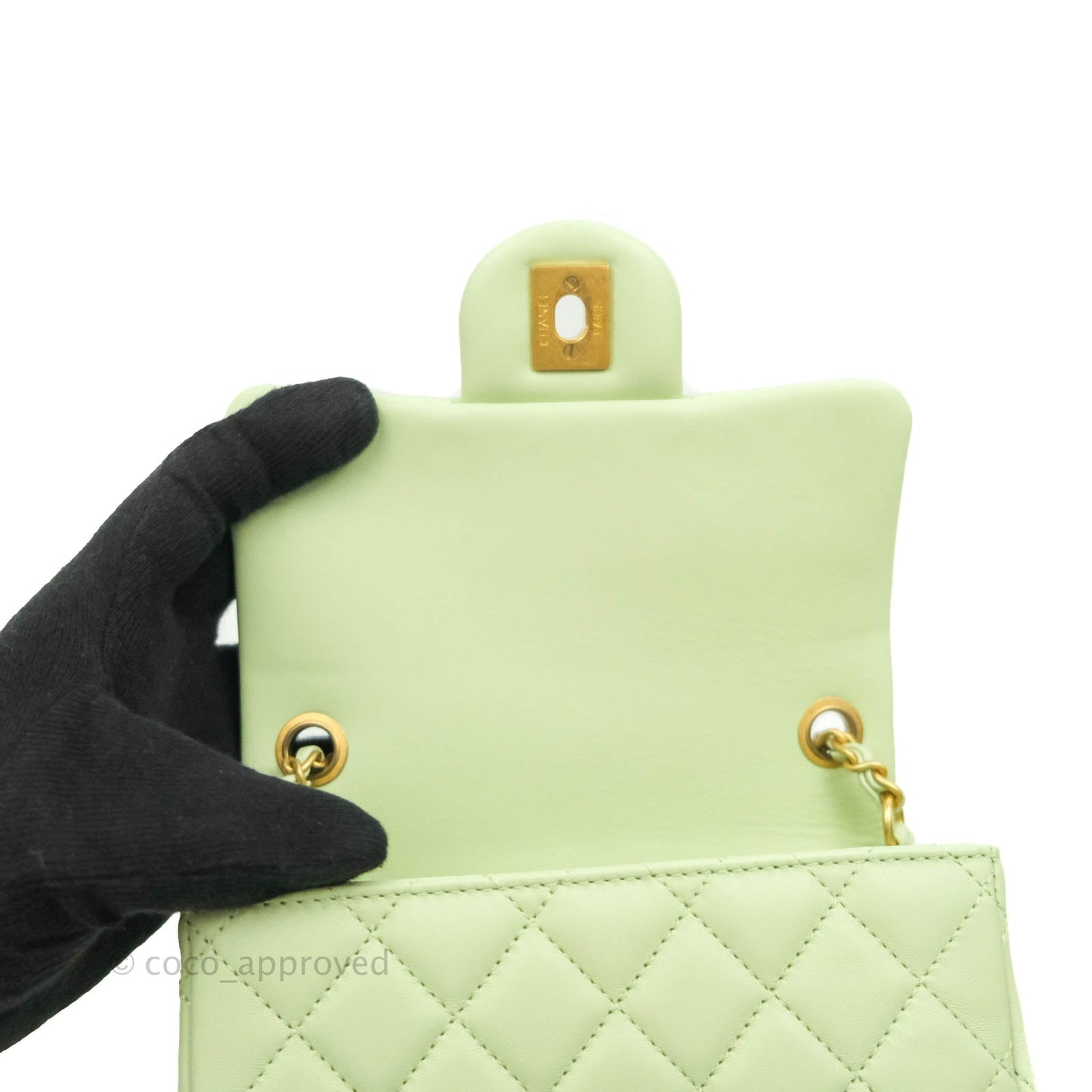 Chanel Pearl Crush Mini Square Quilted Avocado Green Lambskin Aged Gold Hardware