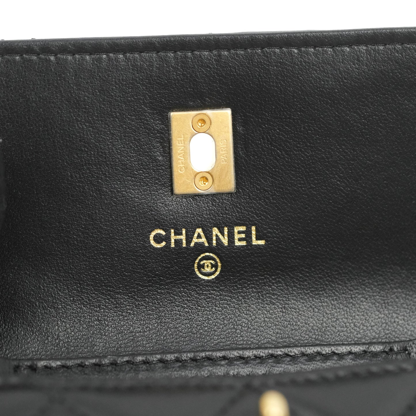 Chanel Pearl Crush Mini Clutch With Chain Black Lambskin Aged Gold Hardware