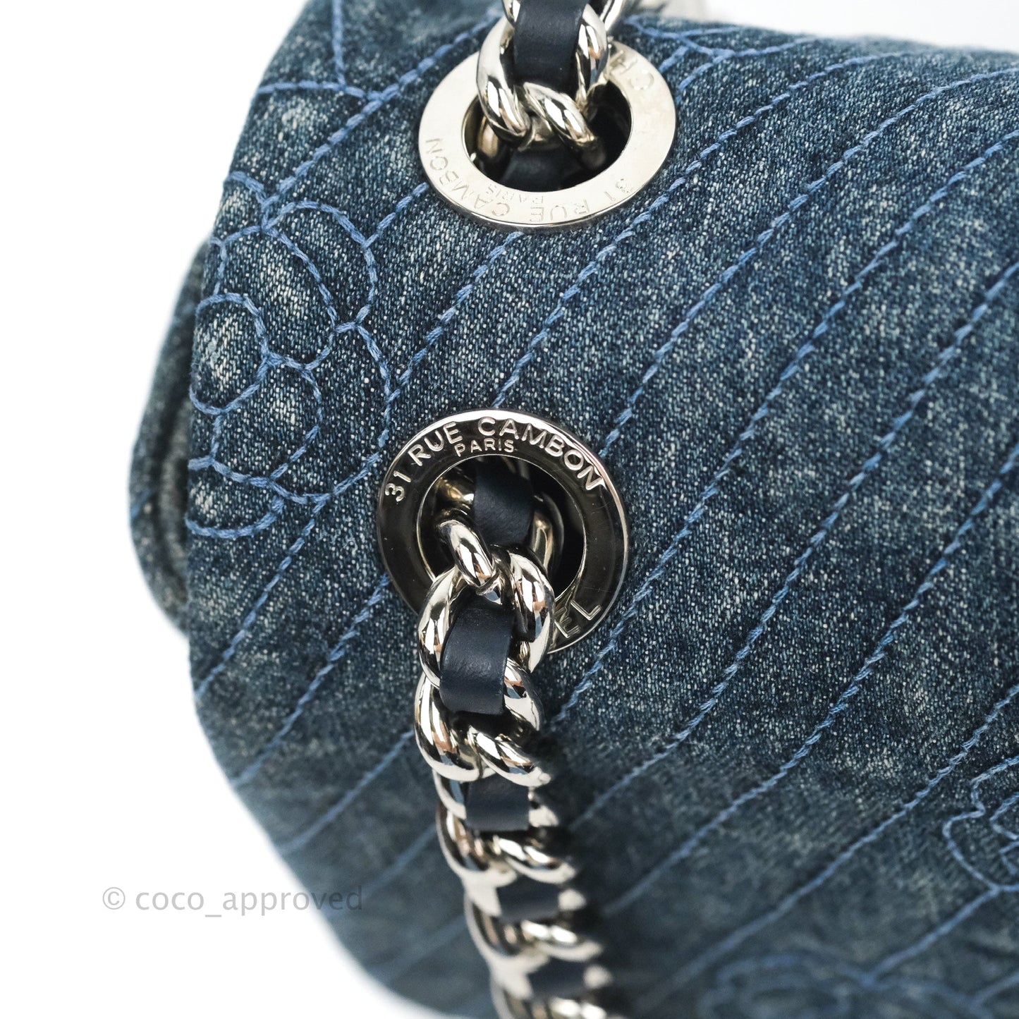 Chanel Camellia Embroidered Flap Bag Blue Washed Denim Silver Hardware