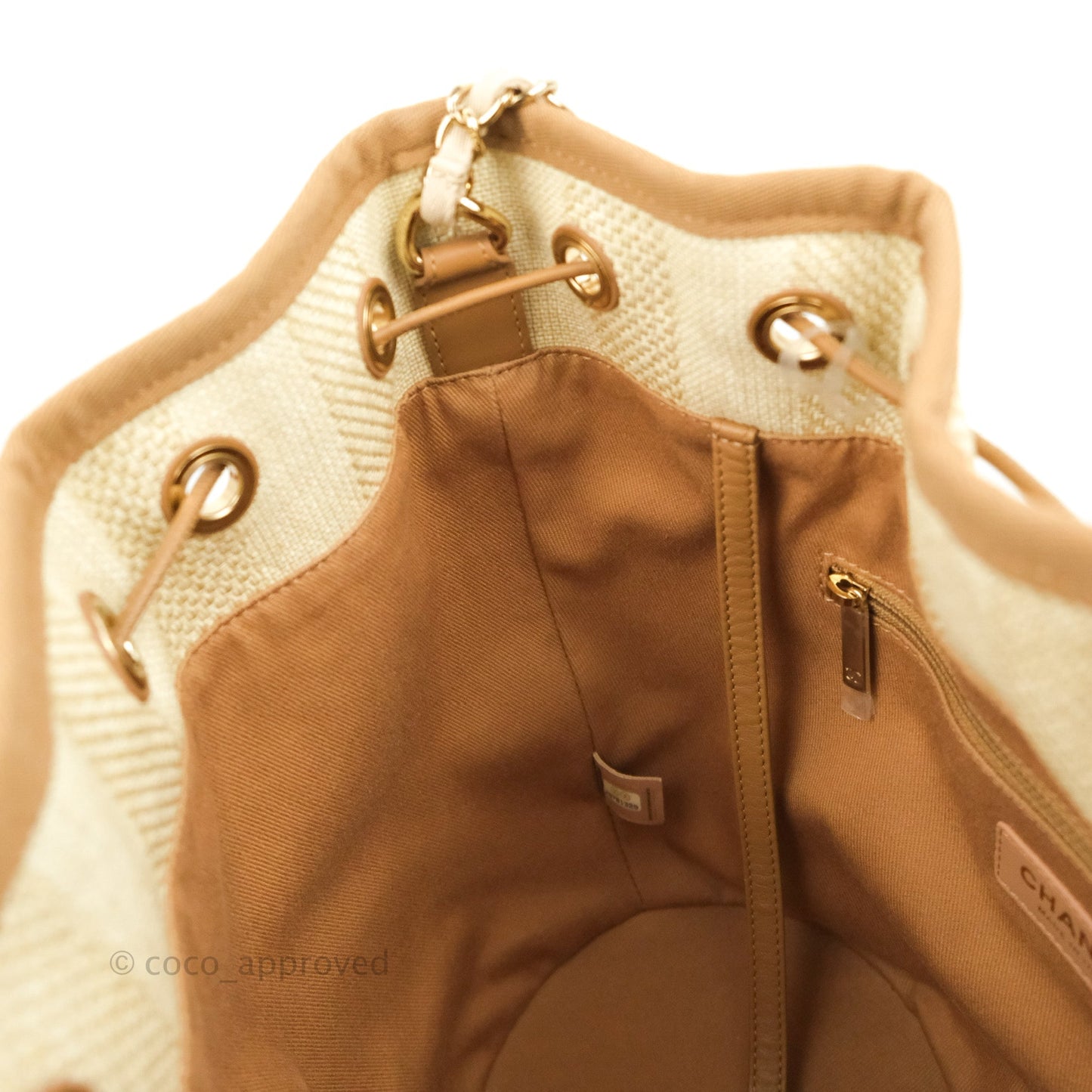 Chanel Raffia Canvas Deauville Drawstring Bucket Bag Brown Gold Hardware
