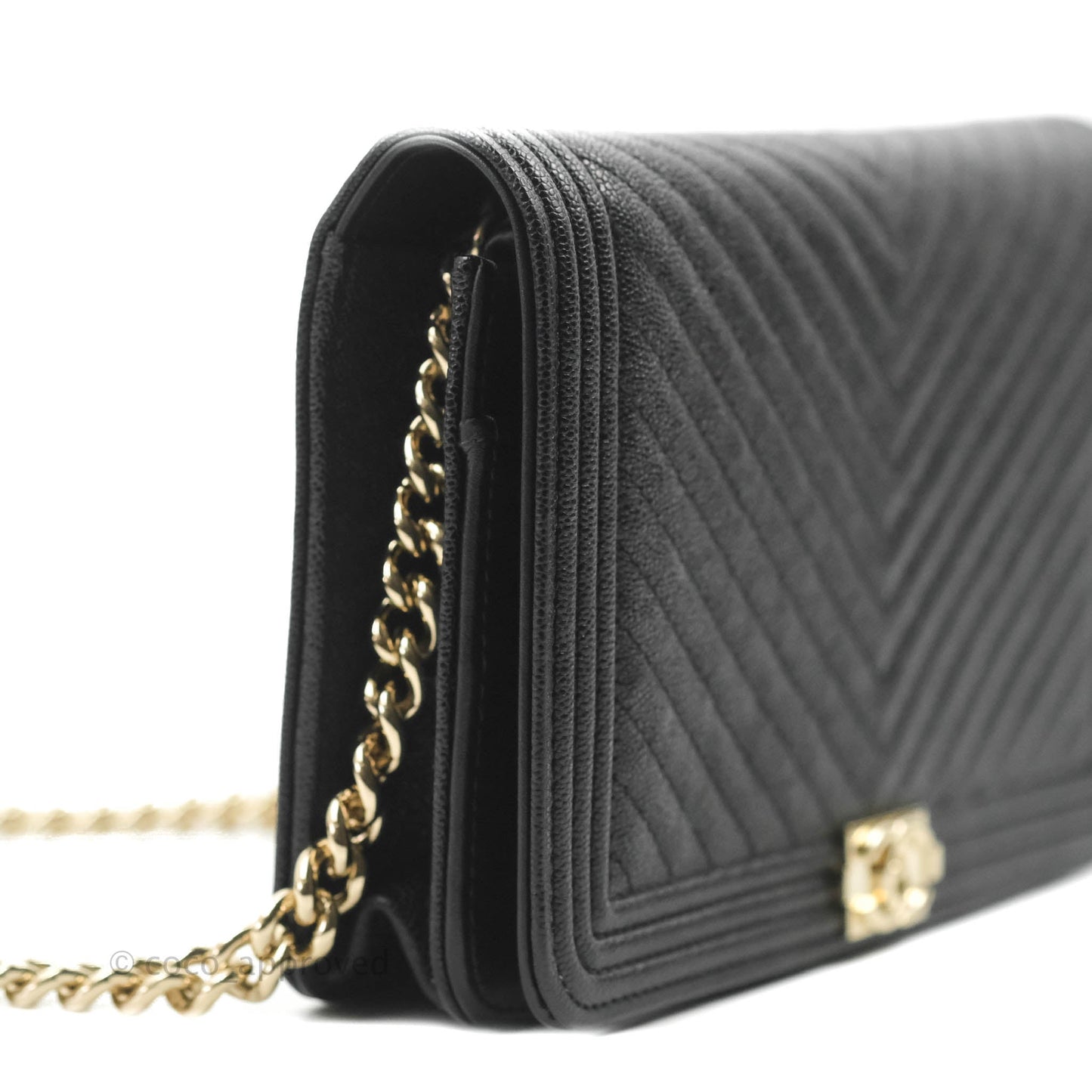 Chanel Chevron Boy Wallet On Chain Black Caviar Gold Hardware