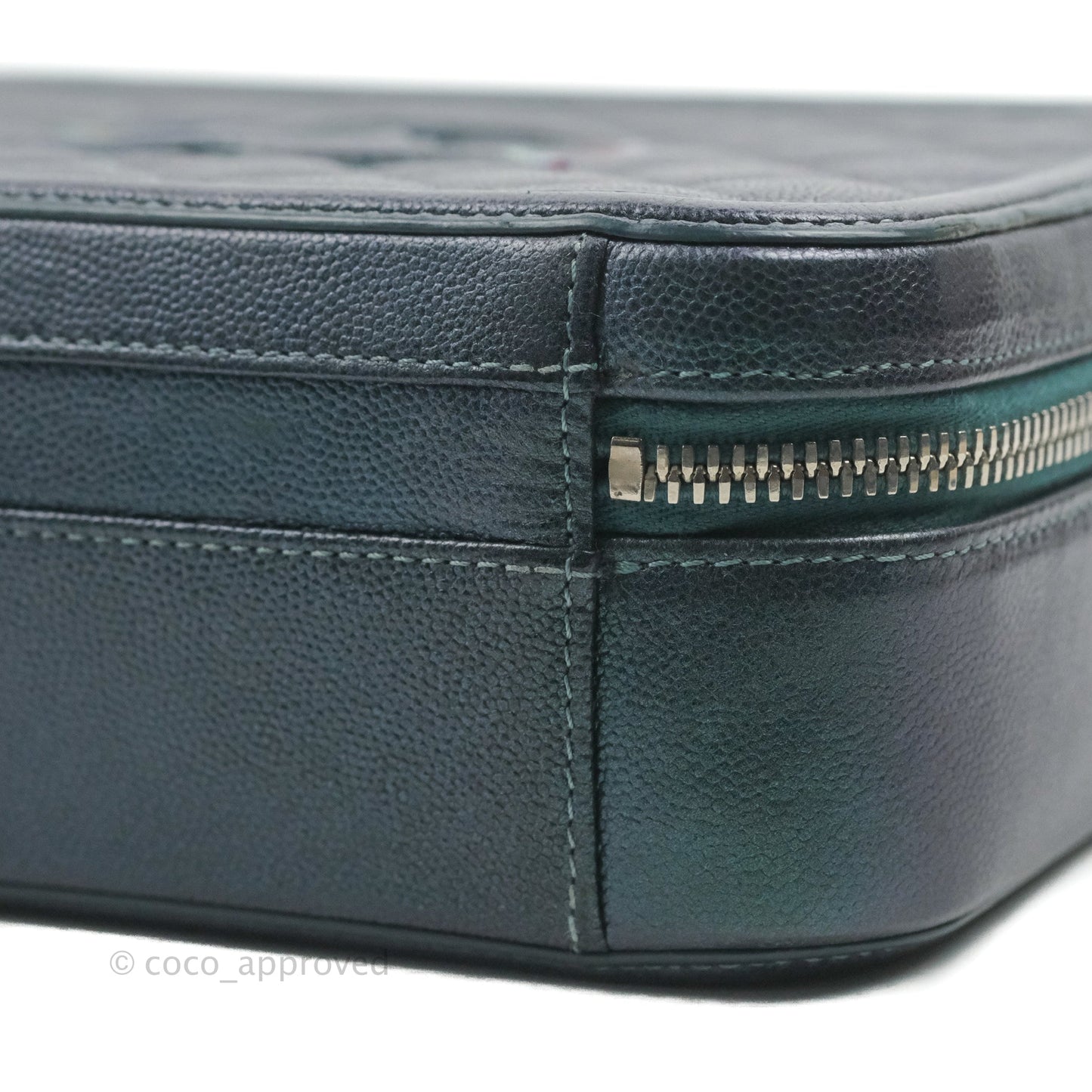 Chanel Quilted Medium CC Filigree Vanity Case Iridescent Dark Turquoise Caviar Rainbow Hardware