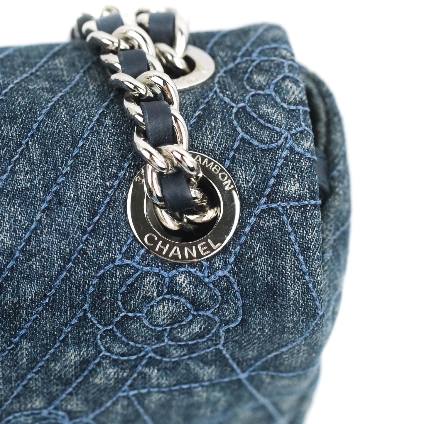 Chanel Camellia Embroidered Flap Bag Blue Washed Denim Silver Hardware